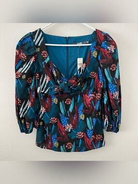 Anthropologie Eva Franco Top Tropical Sweetheart Puff Sleeves Blouse Size 2 NWT